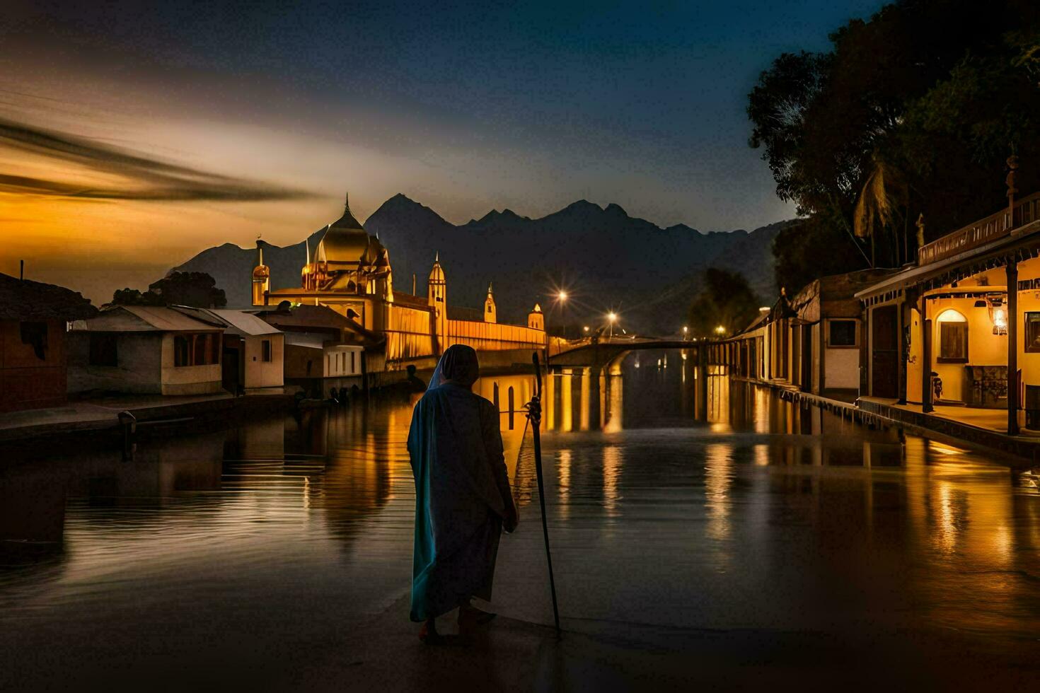 a man walks along the water at sunset in front of a mosque. AI-Generated photo