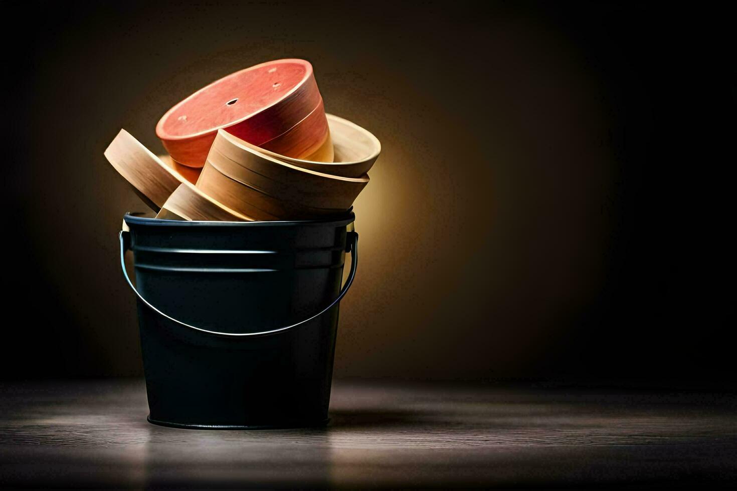 a bucket filled with wooden boards and a wooden spoon. AI-Generated photo