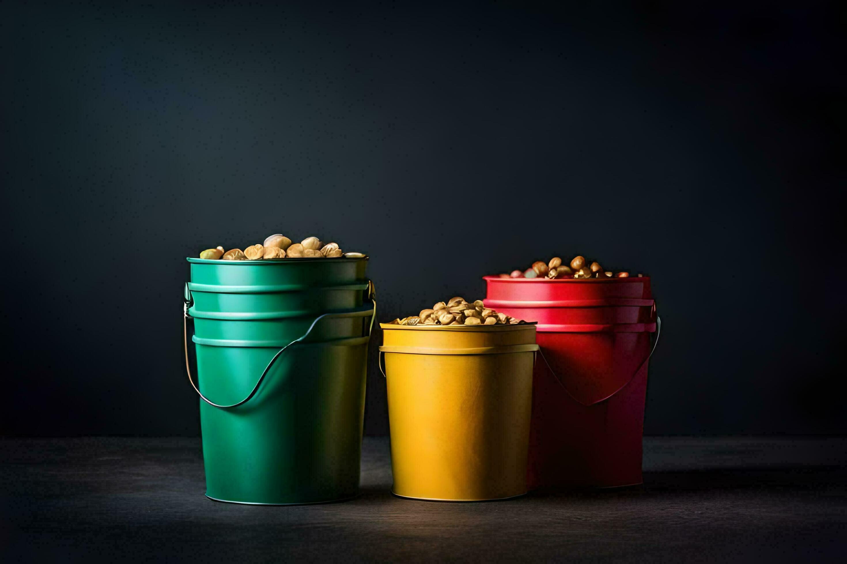 three buckets of nuts on a dark background. AIGenerated 33408776 Stock