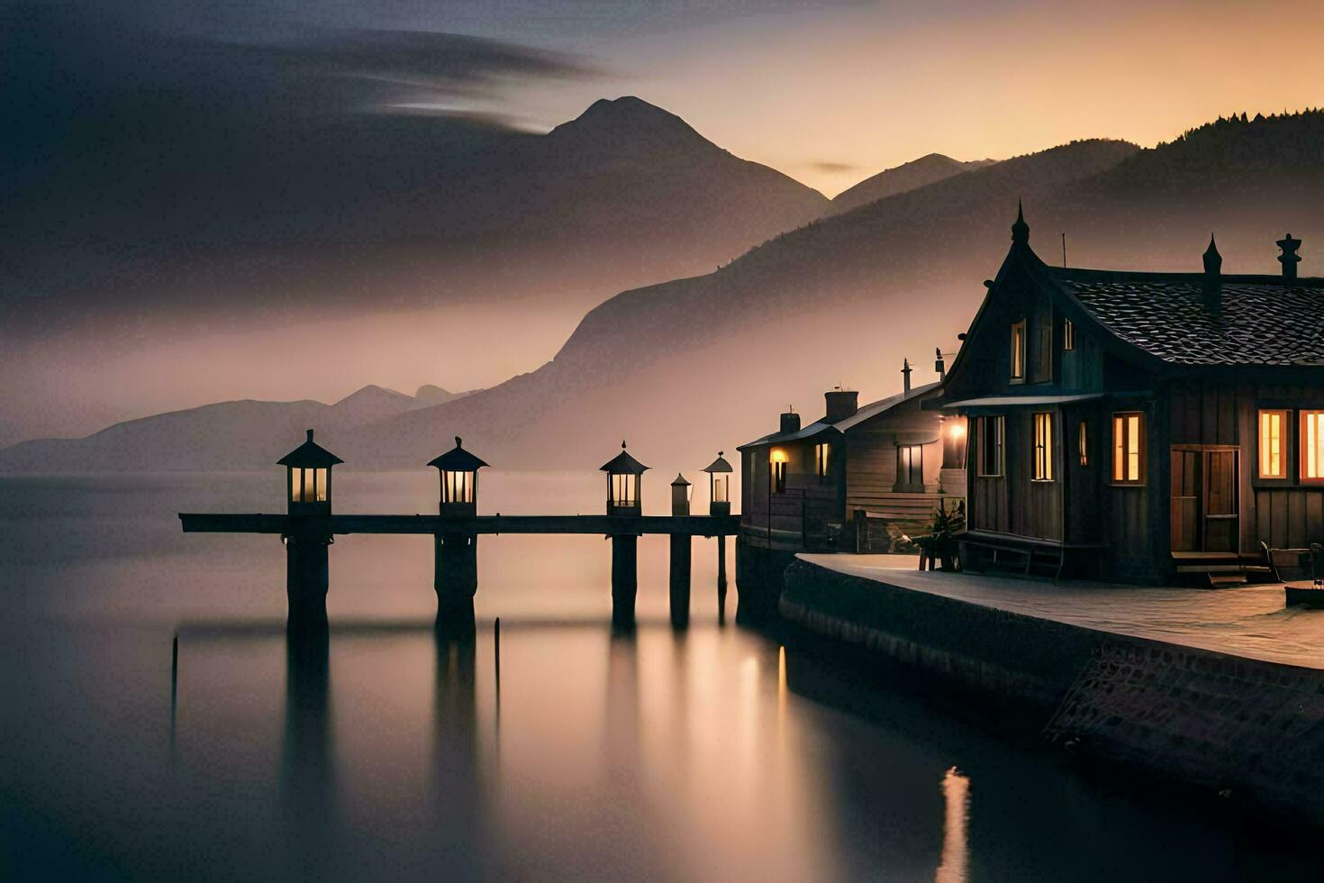 a house sits on the shore of a lake at dusk. AI-Generated photo