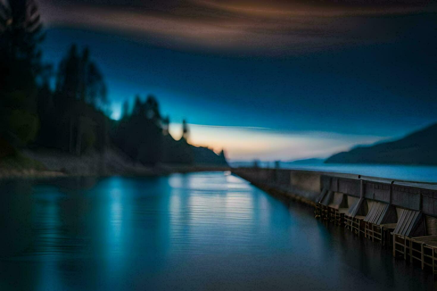 a long exposure photo of a dock in the water. AI-Generated