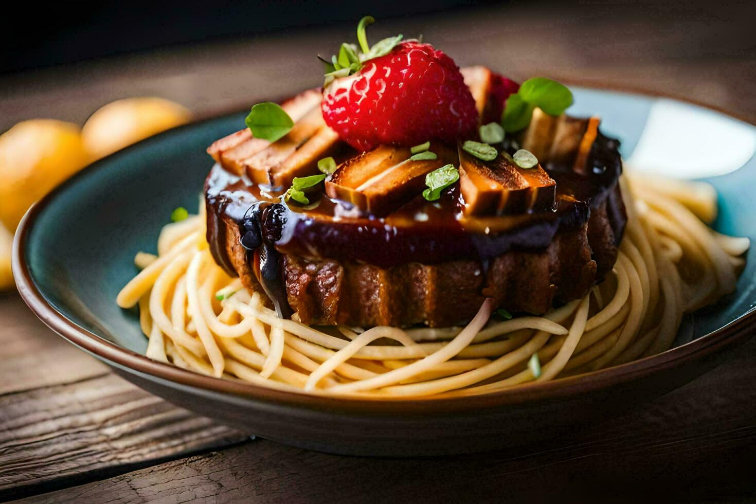 a plate with spaghetti and a strawberry on top. AI-Generated photo