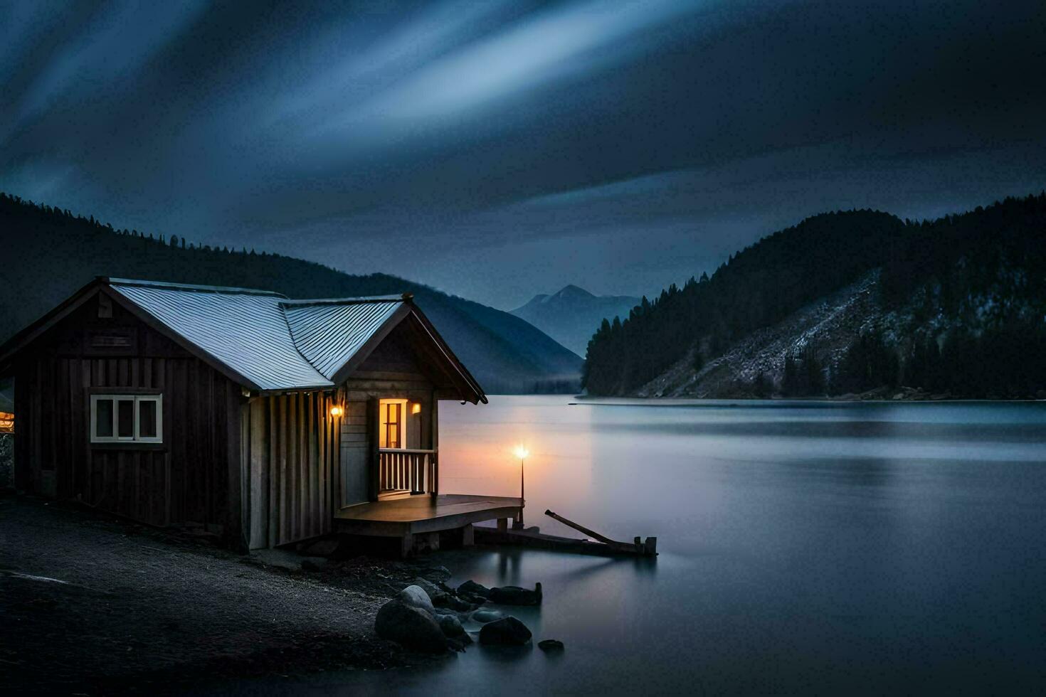 un pequeño cabina se sienta en el apuntalar de un lago a noche. generado por ai foto