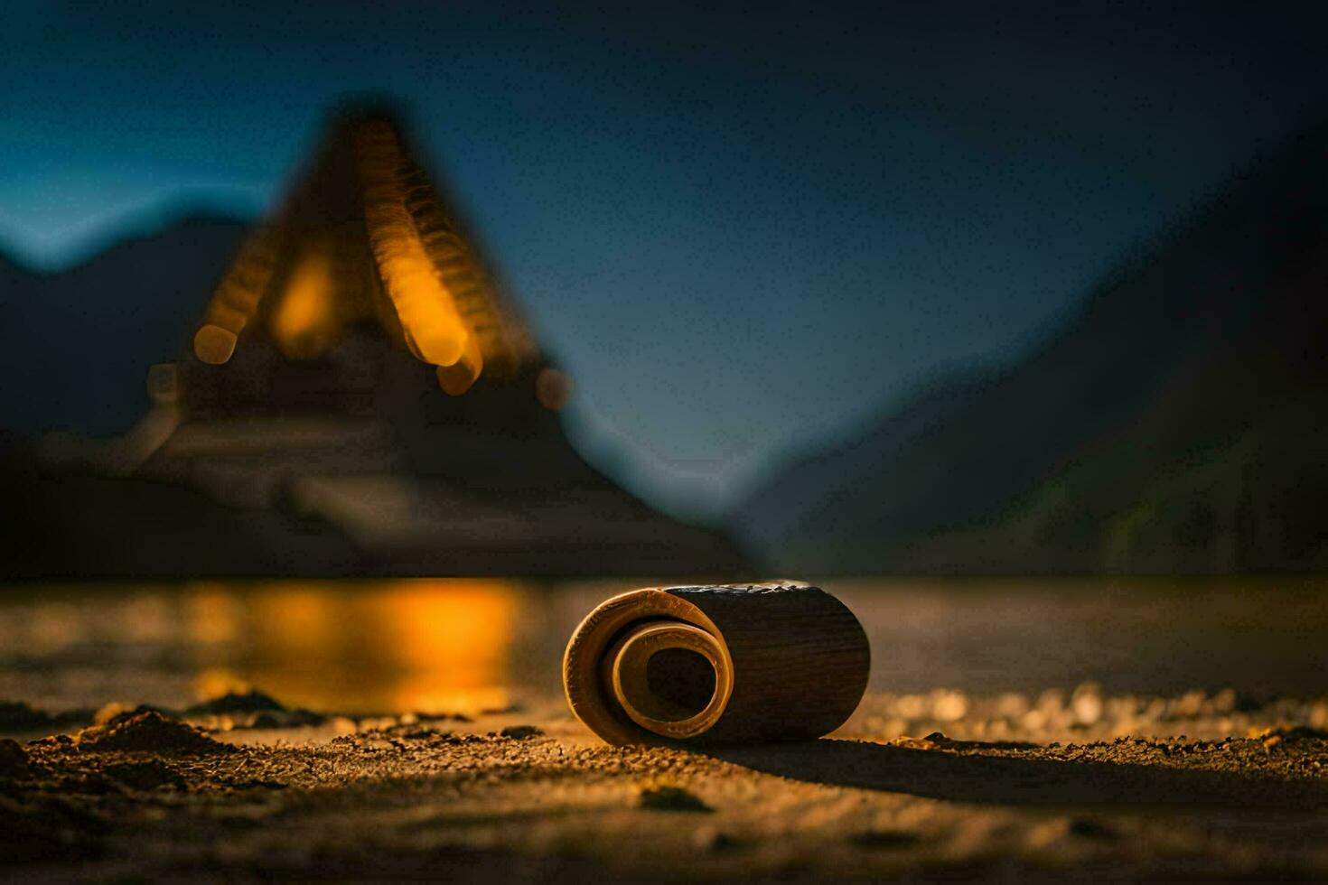 a wooden roll of toilet paper laying on the ground in front of a mountain. AI-Generated photo