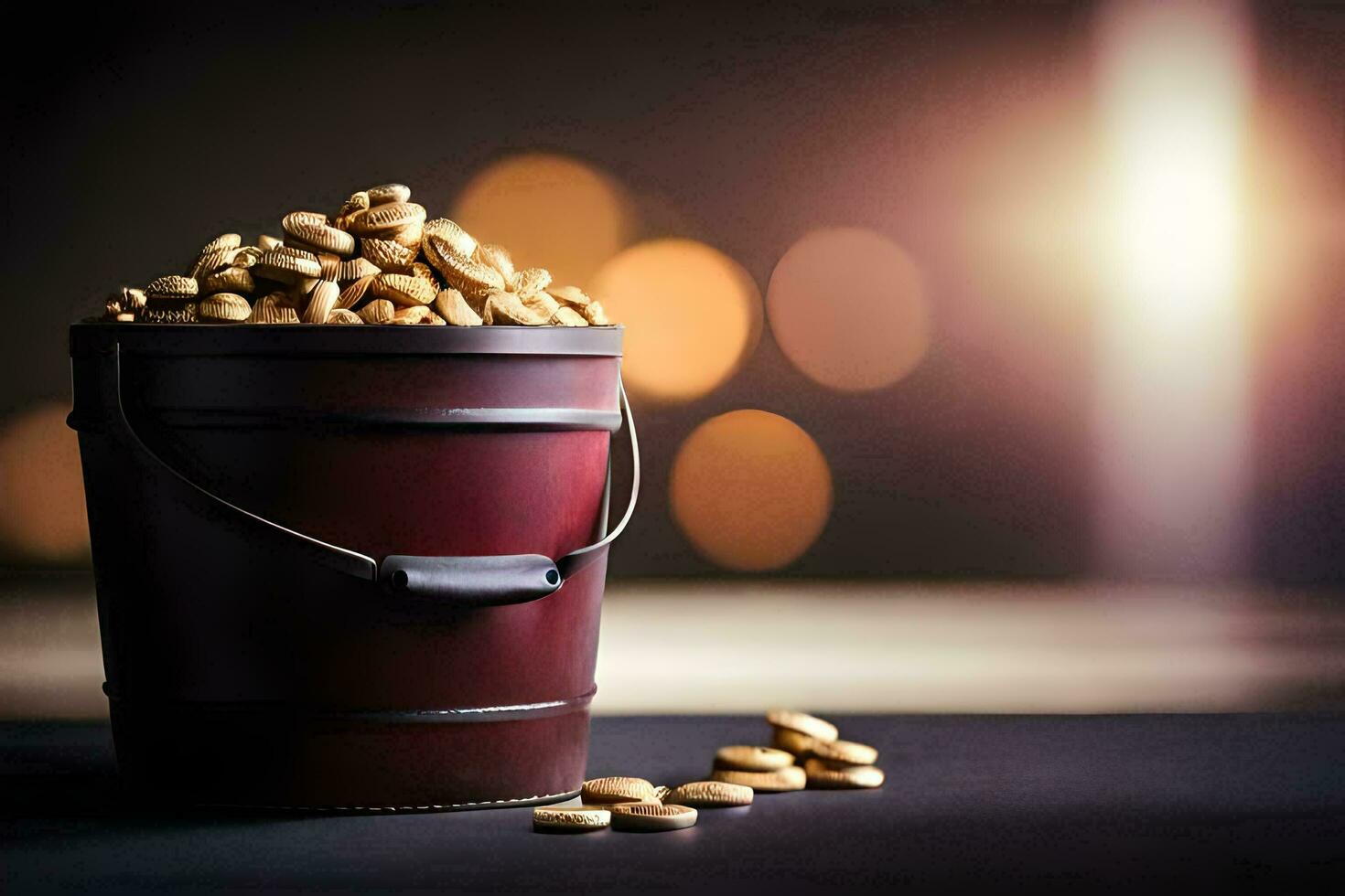 a bucket filled with gold coins on a table. AI-Generated photo
