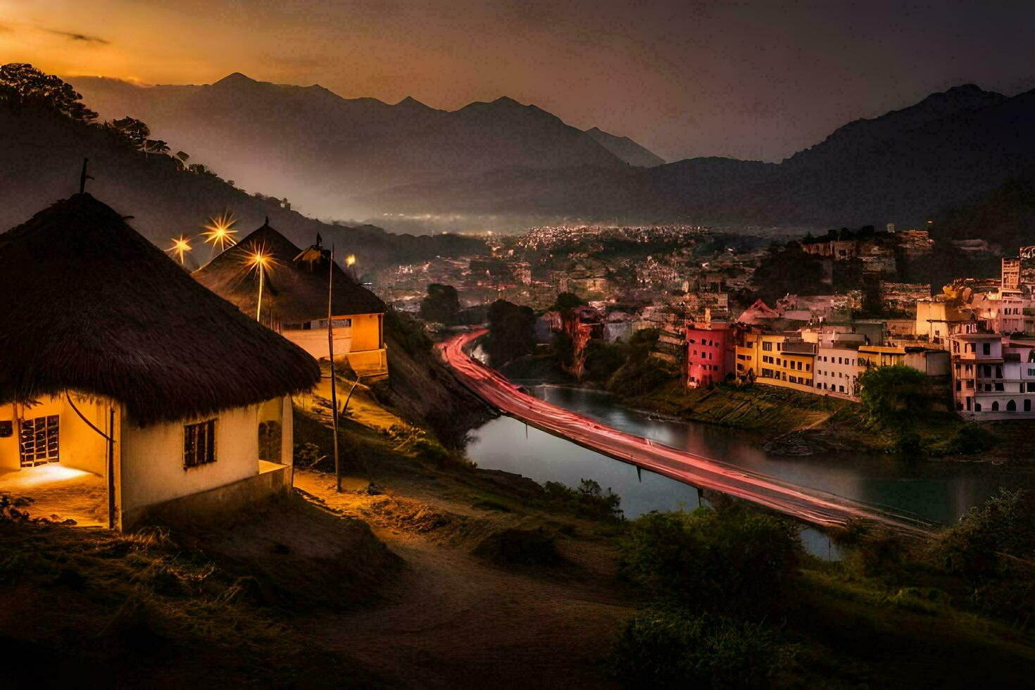 photo wallpaper the sky, mountains, river, village, sunset, the city, river, river. AI-Generated