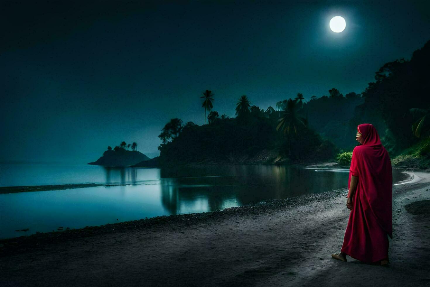 a woman in a red robe stands on the beach at night. AI-Generated photo