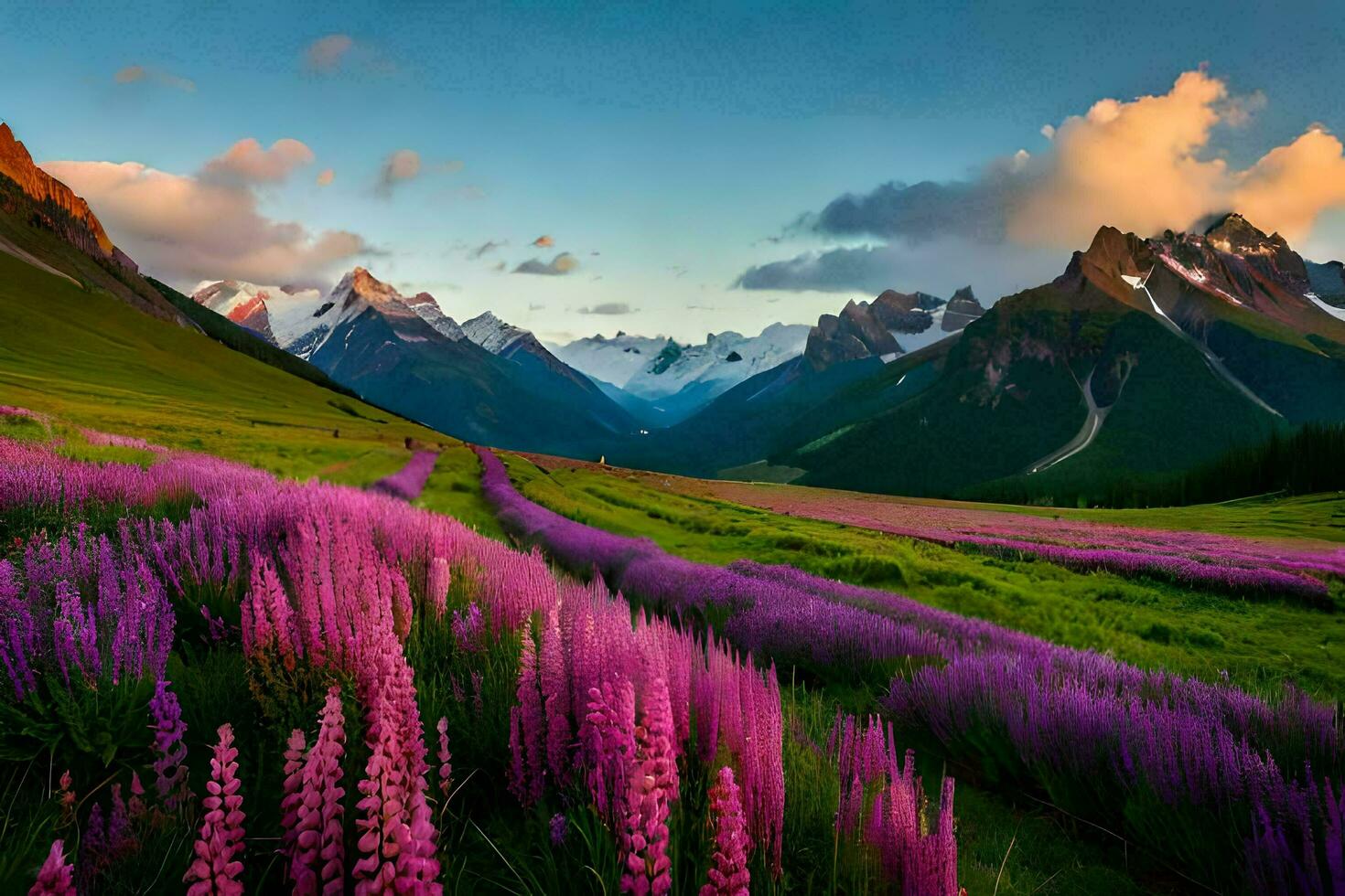 the mountains are covered in purple flowers and the sun is shining on the flowers. AI-Generated photo