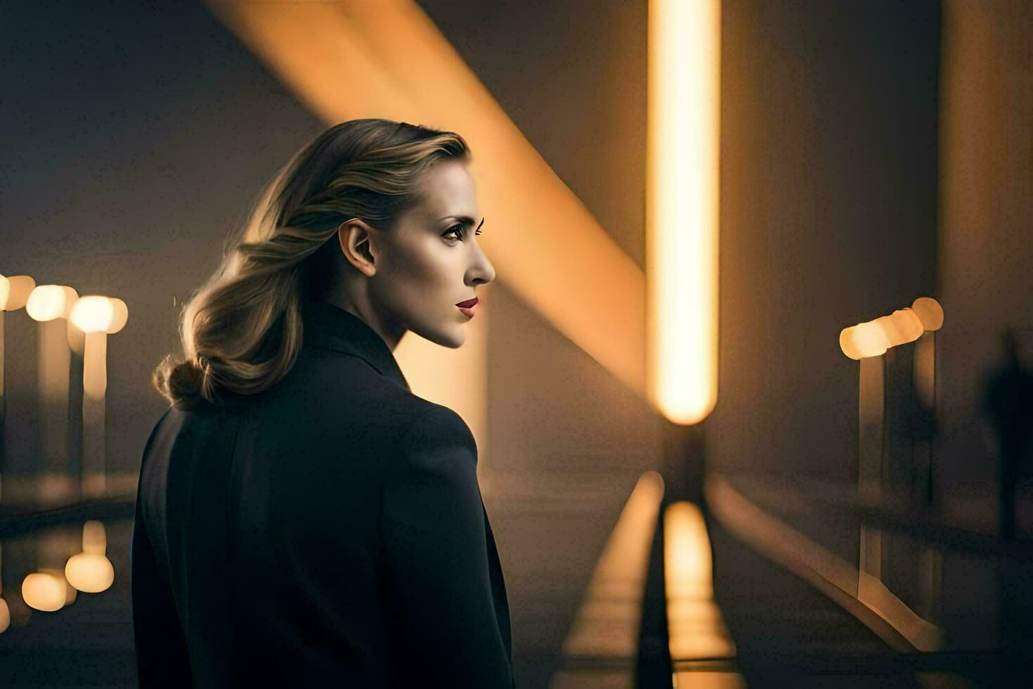 a woman in a black suit stands in front of a light. AI-Generated photo