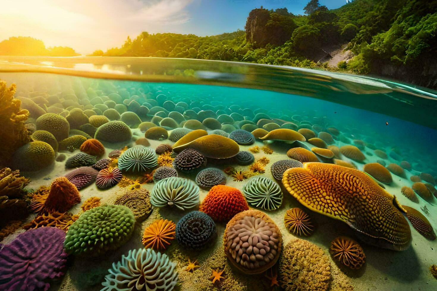 the sun shines on a coral reef and many different types of corals. AI-Generated photo