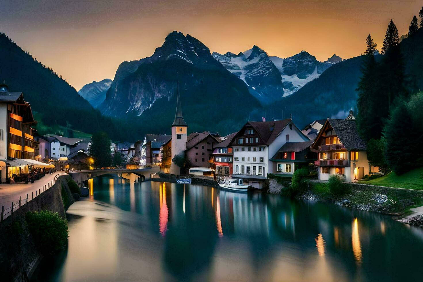 a river runs through a town at dusk. AI-Generated photo