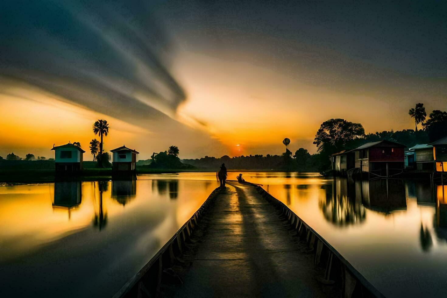 a long pier with houses on the water at sunset. AI-Generated photo