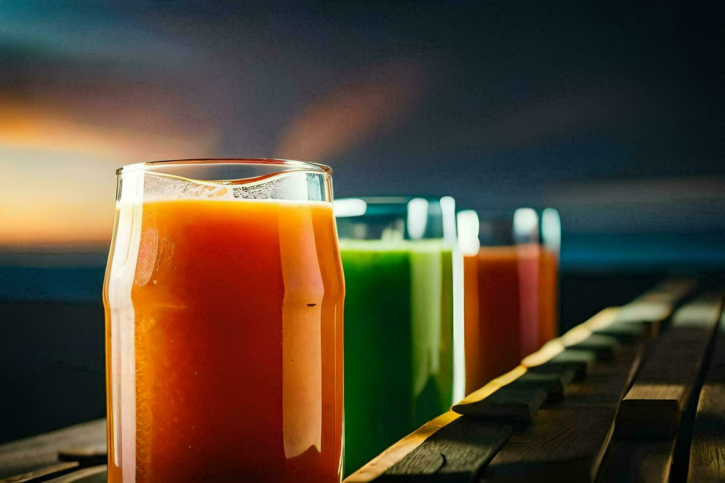 four glasses of juice on a table. AI-Generated photo