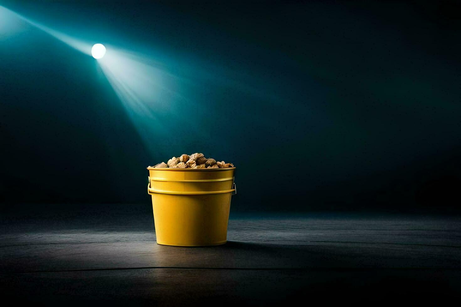 a bucket of peanuts on a dark floor. AI-Generated photo