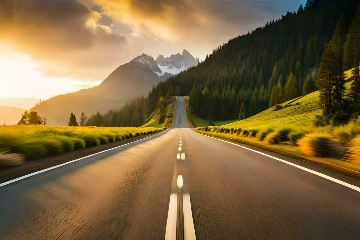 a long road with mountains in the background. AI-Generated photo