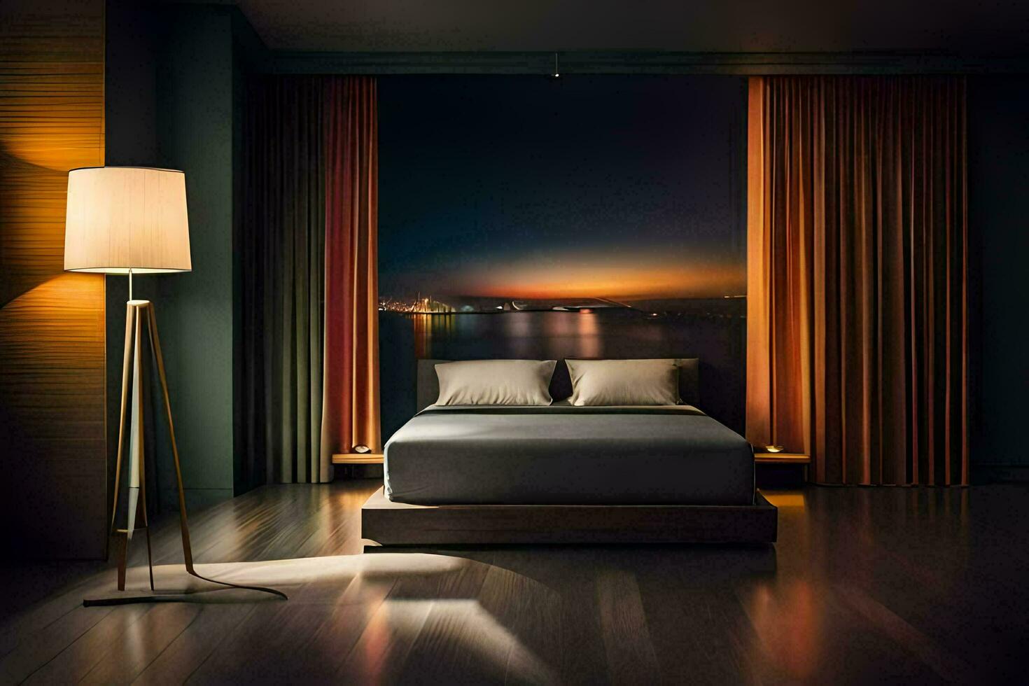 a bedroom with a bed and a lamp on the floor. AI-Generated photo