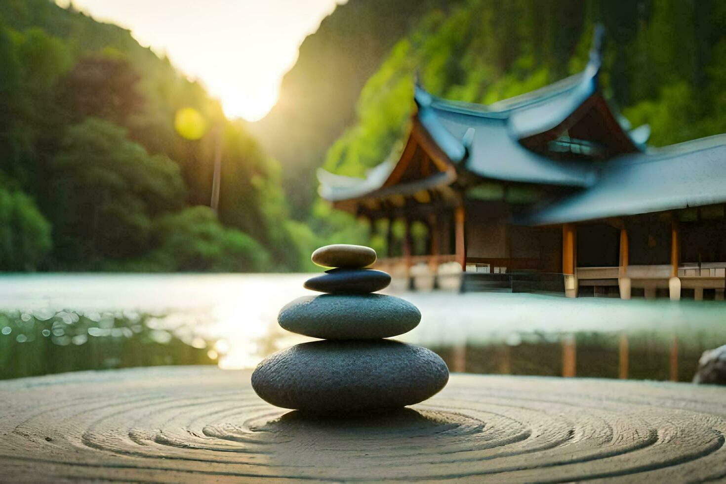 a stack of stones sits on top of a wooden platform in front of a lake. AI-Generated photo