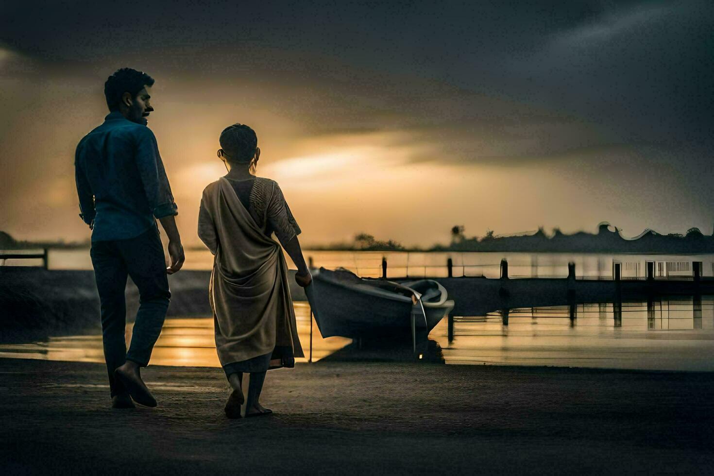 a couple walking along the beach at sunset. AI-Generated photo