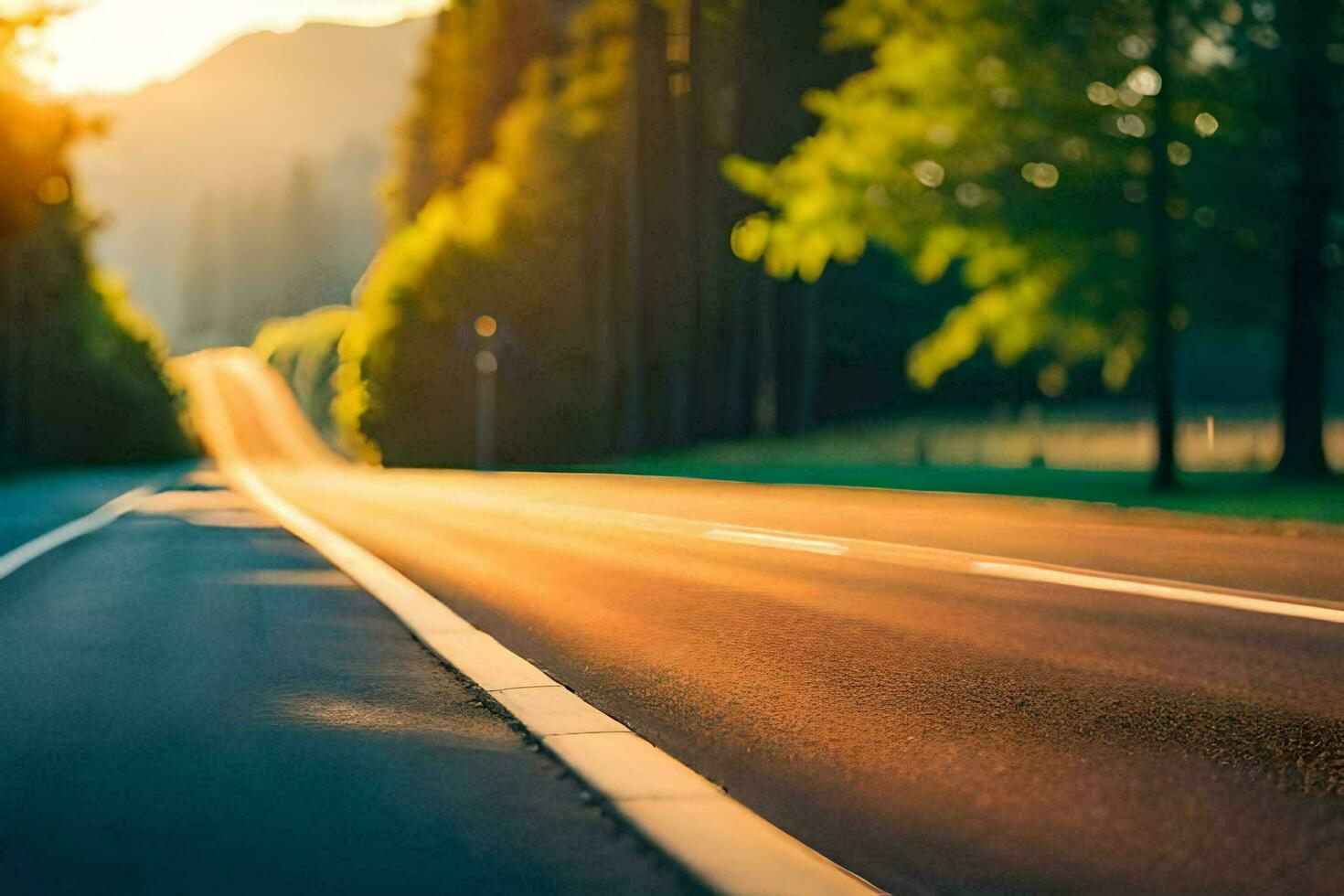 a road with trees and sun shining on it. AI-Generated photo