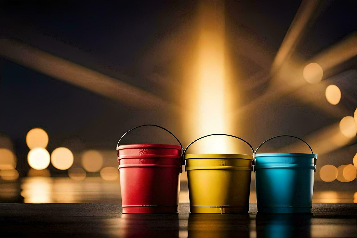 three buckets with different colors on a table. AI-Generated photo