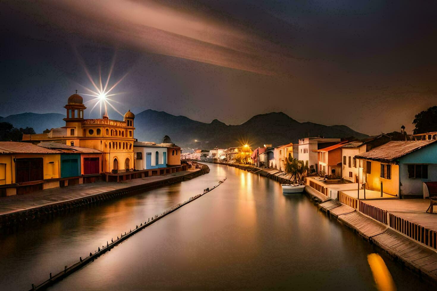 a canal in the middle of a town at night. AI-Generated photo