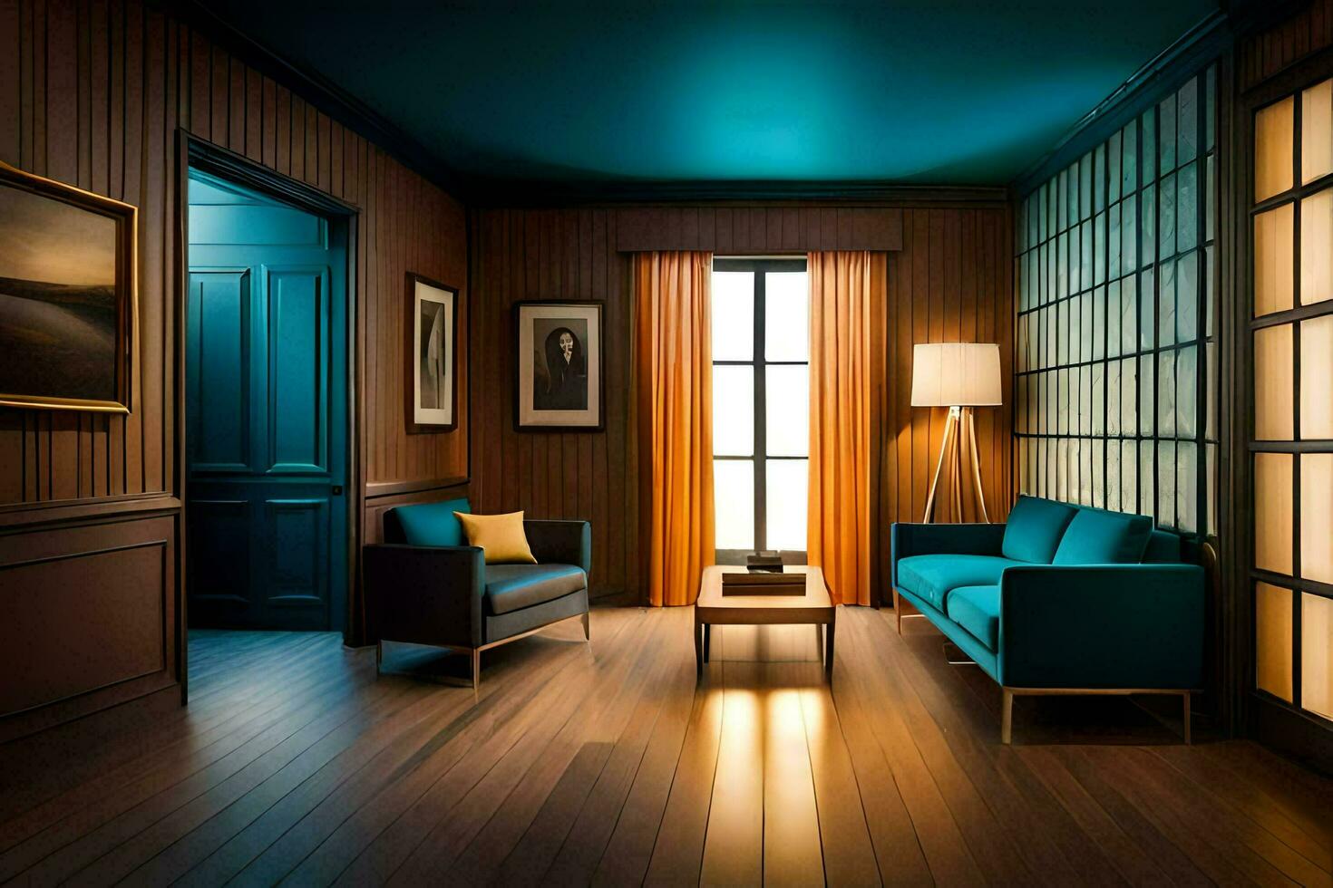 a living room with blue couches and a wooden floor. AI-Generated photo