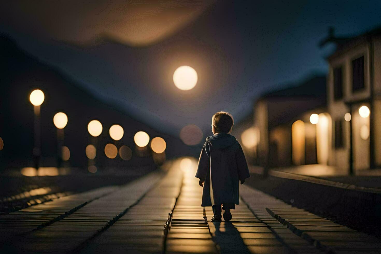 un niño caminando en un ferrocarril pista a noche. generado por ai foto