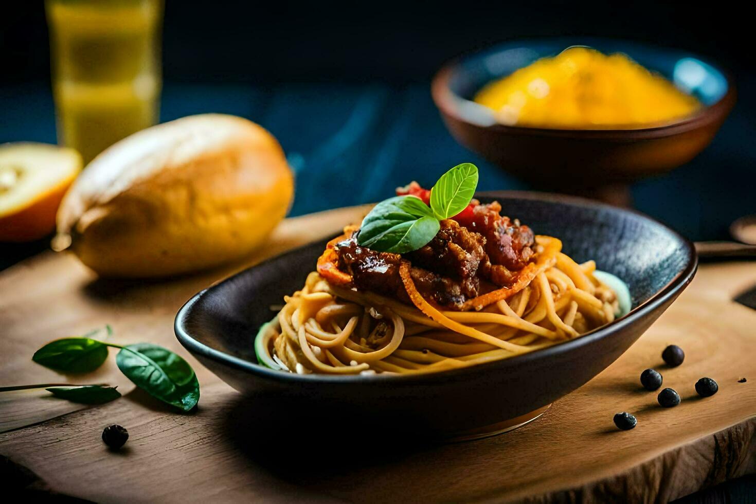 spaghetti with meat and vegetables in a bowl. AI-Generated photo
