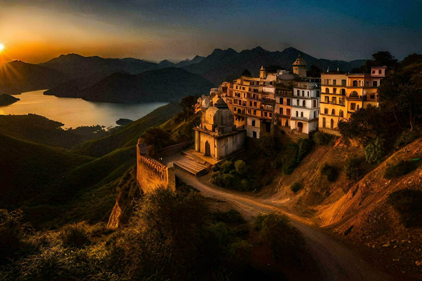 the sun sets over a village on a hillside. AI-Generated photo