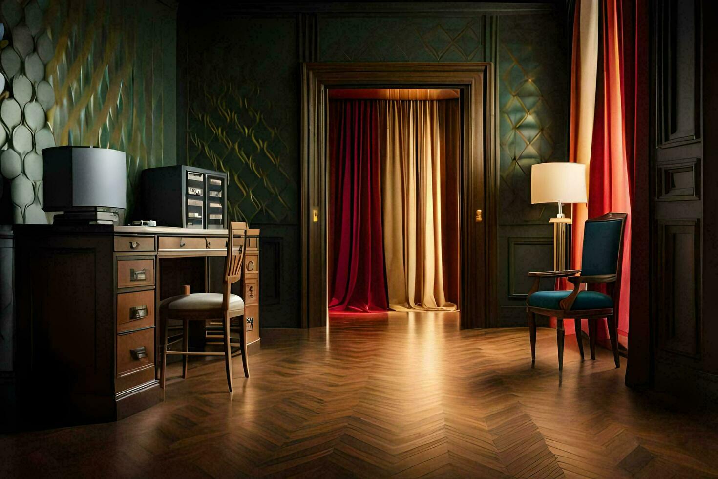 a room with a desk, chair and a lamp. AI-Generated photo