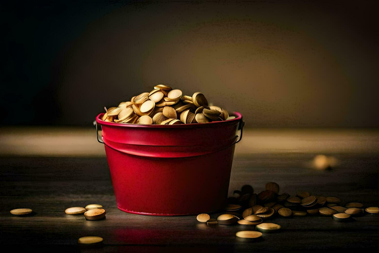 a red bucket filled with peanuts on a dark table. AI-Generated photo