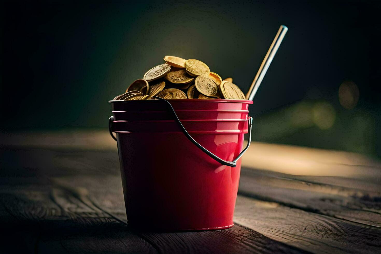 a red bucket filled with coins and a straw. AI-Generated photo