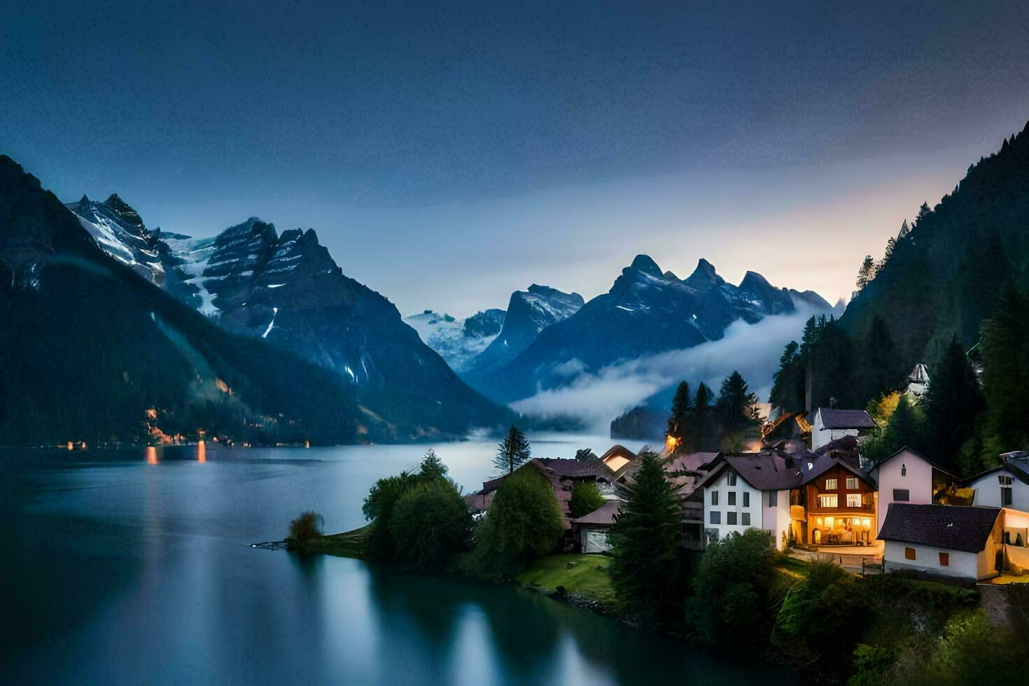 photo wallpaper mountains, the sky, lake, house, house, the mountains, the sky,. AI-Generated