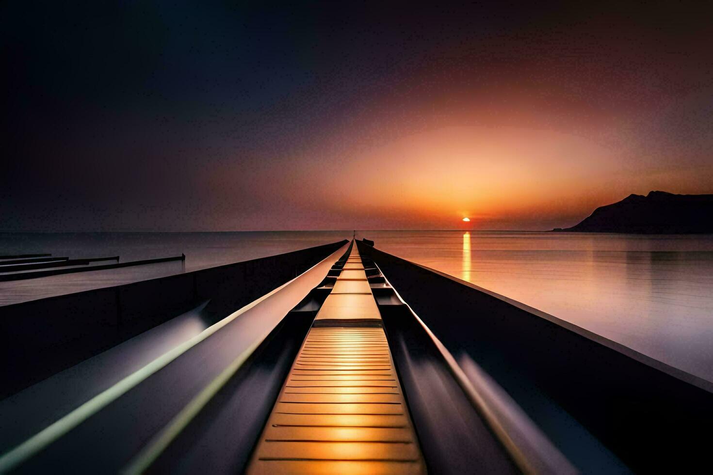 a long exposure photograph of a train track leading to the ocean. AI-Generated photo