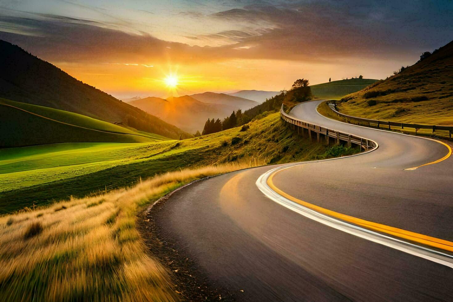a winding road in the mountains with the sun setting. AI-Generated photo