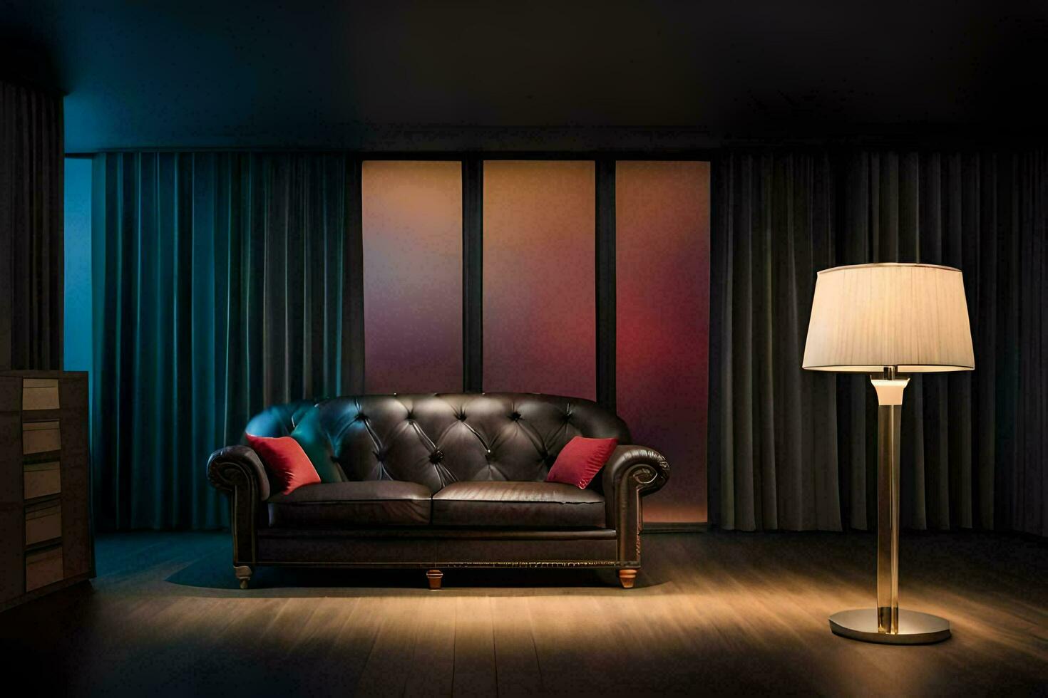 a dark room with a leather couch and lamp. AI-Generated photo