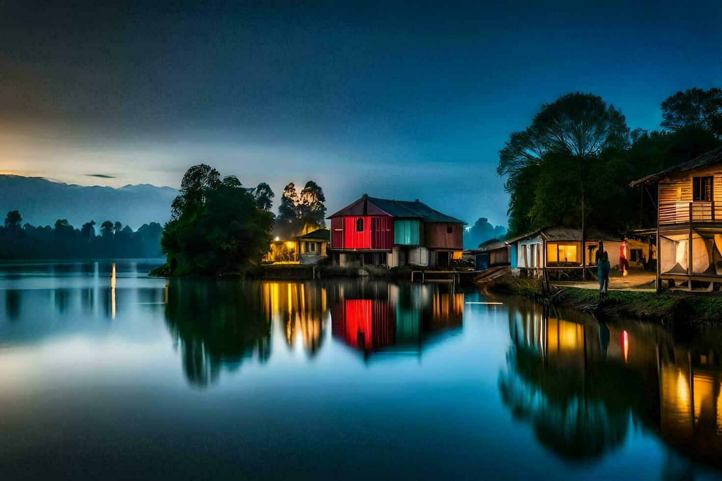 a house on the water at dusk. AI-Generated photo