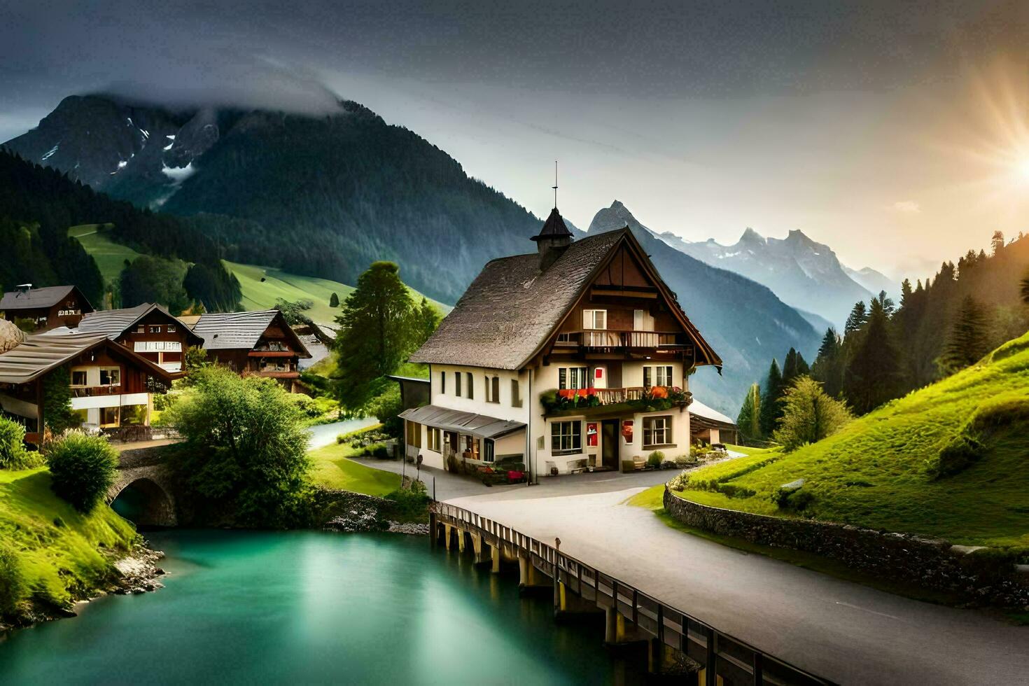 the sun rises over the mountains and village. AI-Generated photo