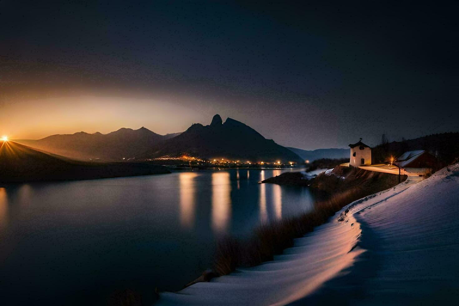 a lake and mountains at night. AI-Generated photo