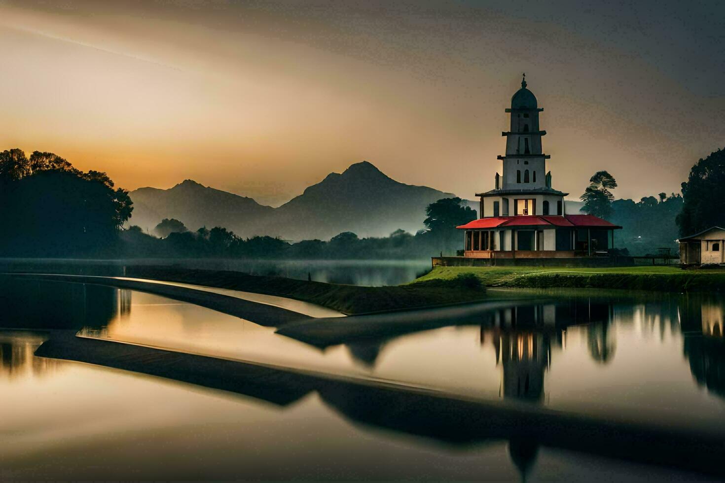 un Iglesia en el medio de un lago a puesta de sol. generado por ai foto