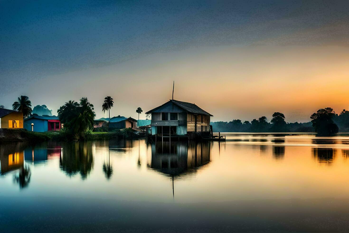 a house on the water at sunset with a reflection of the sky. AI-Generated photo