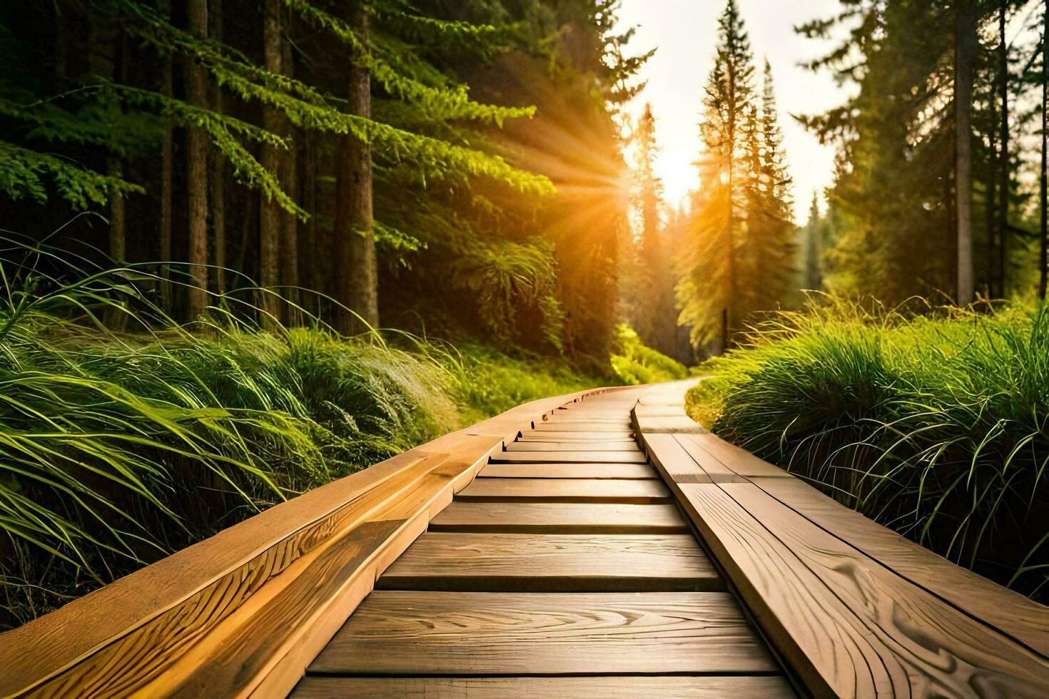 wooden path in the forest at sunset. AI-Generated photo