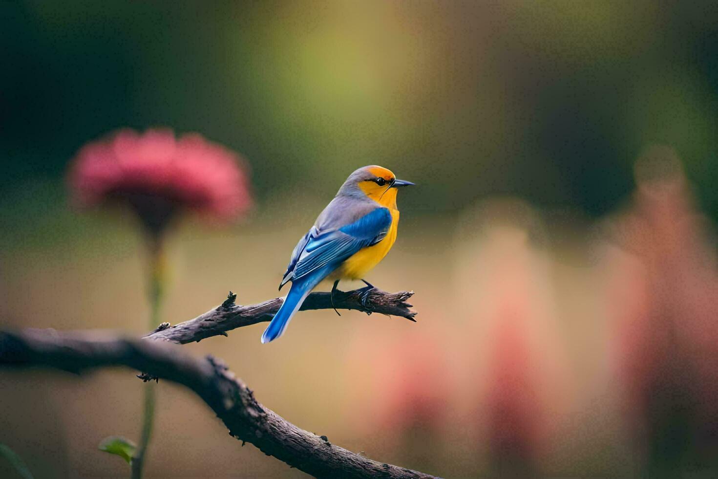 a blue and yellow bird sitting on a branch. AI-Generated photo