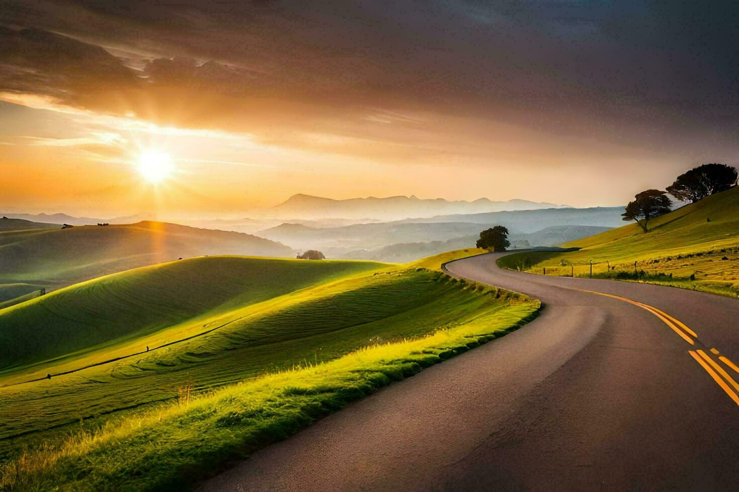 the road to the sunset. AI-Generated photo