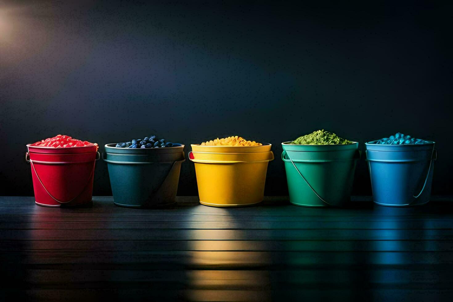 colorful buckets of different colored granules on a dark background. AI-Generated photo