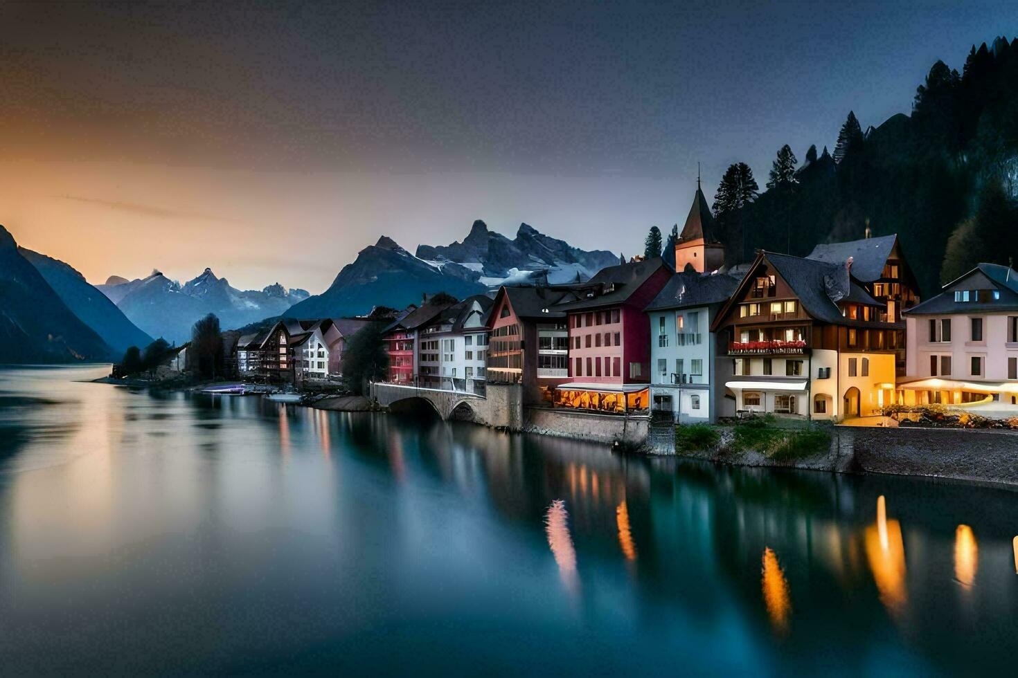 the town of hallstatt, austria, at dusk. AI-Generated photo