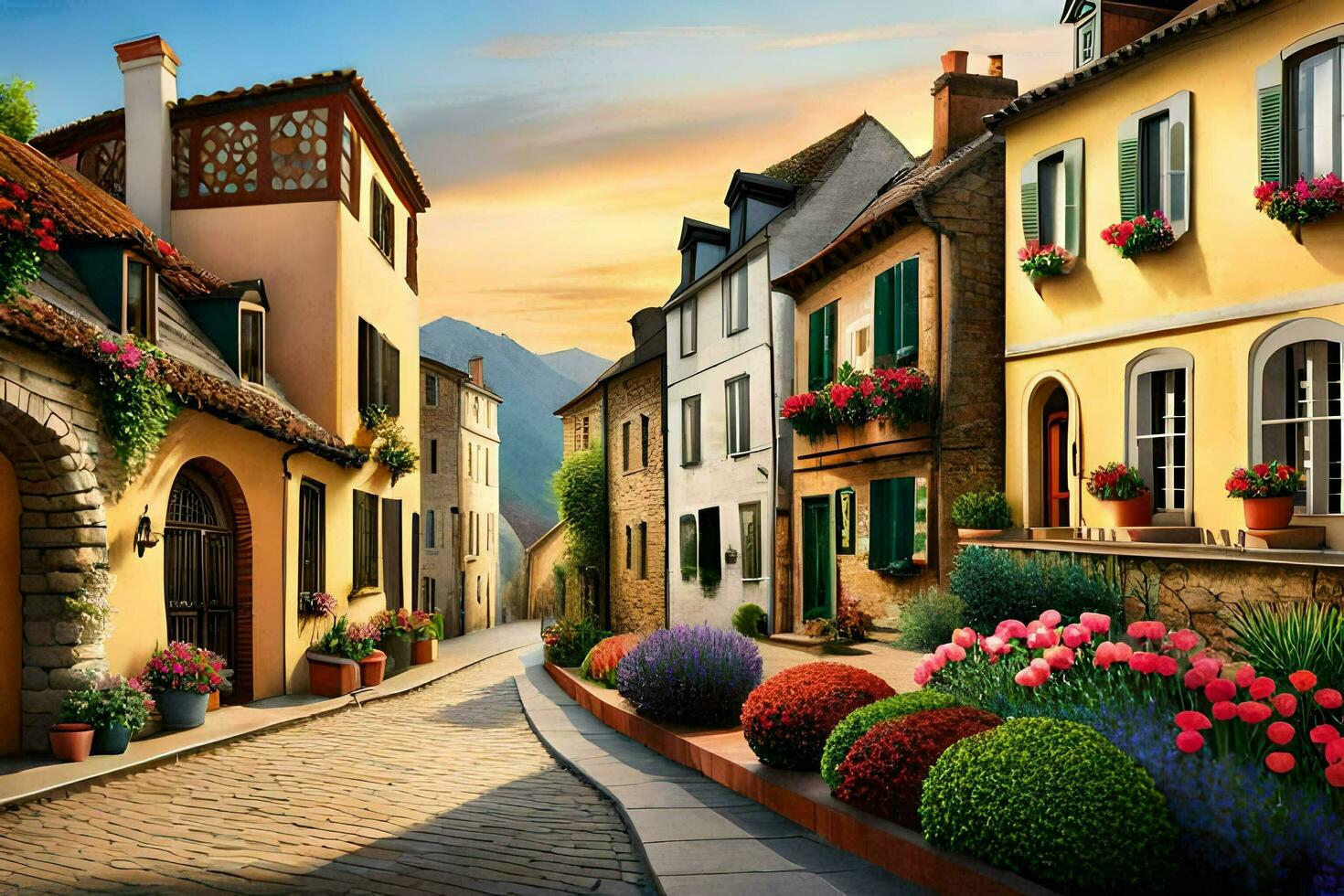 un pintura de un calle con flores y edificios generado por ai foto