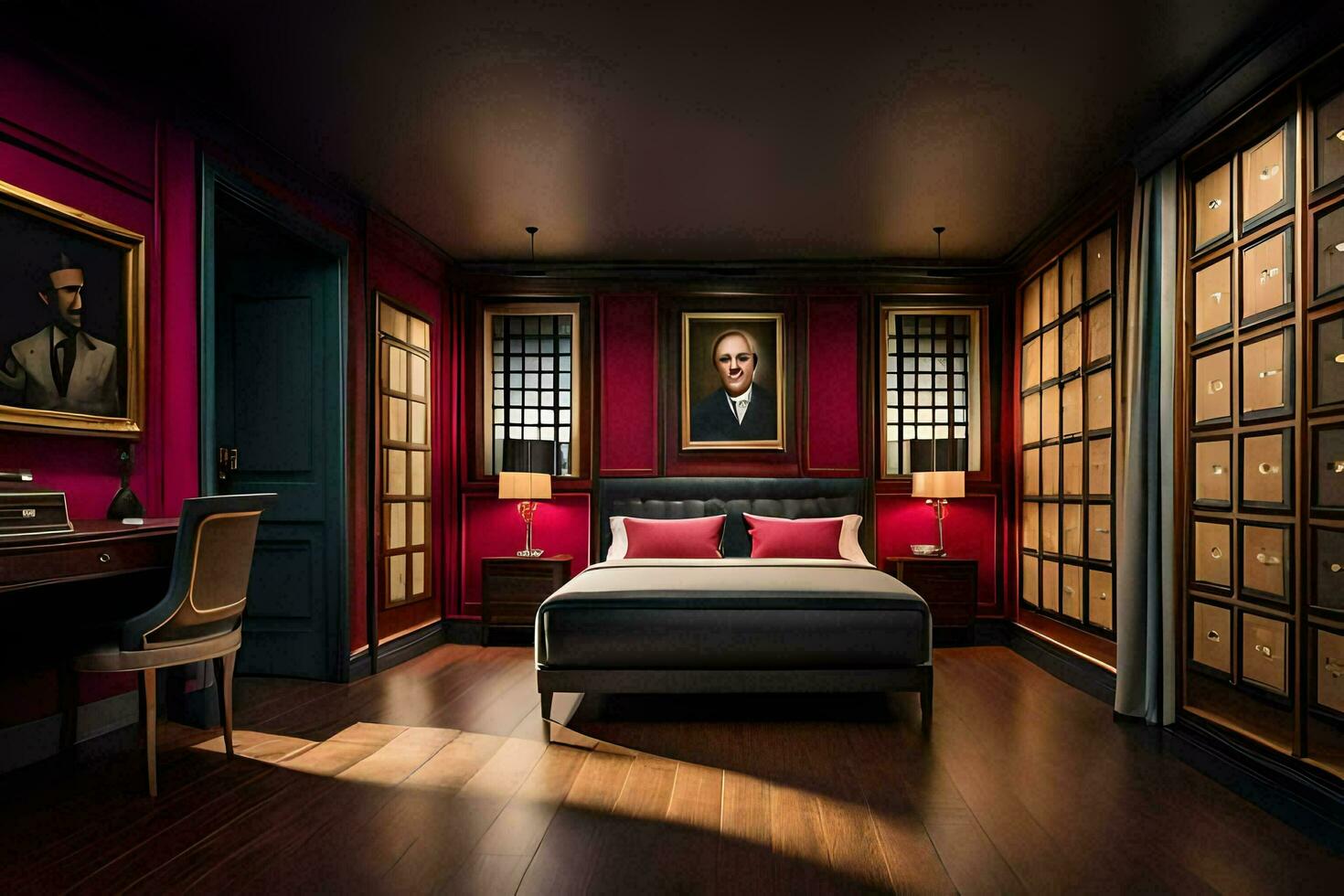 a bedroom with red walls and a bed. AI-Generated photo