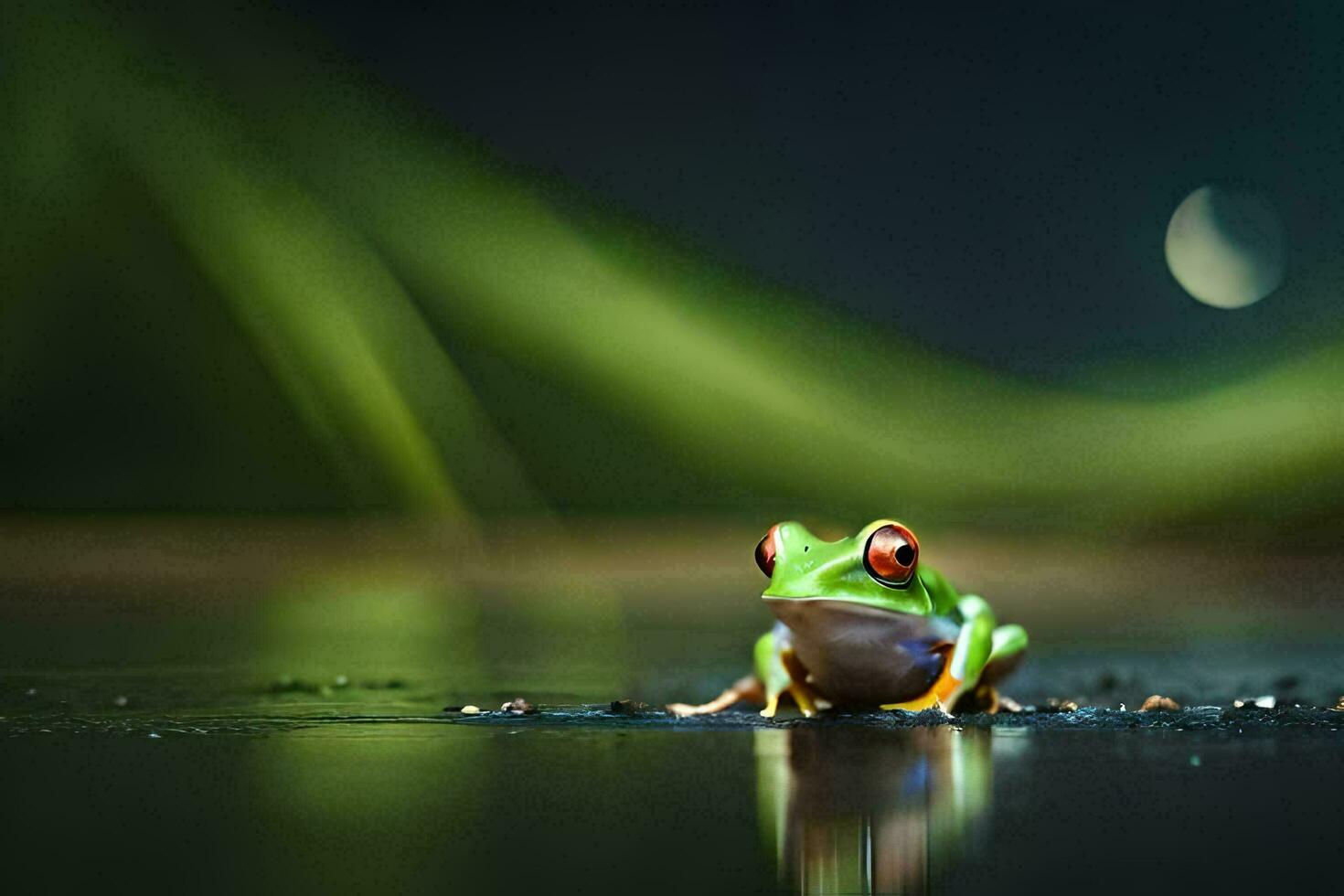 a frog sitting on the ground with a green background. AI-Generated photo