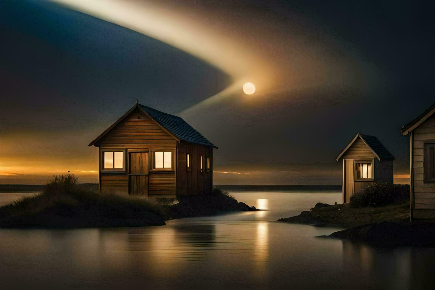 two small houses on the shore of a lake at night. AI-Generated photo